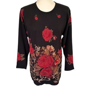 IN-KNIT Black Tunic with Roses Design Size Small